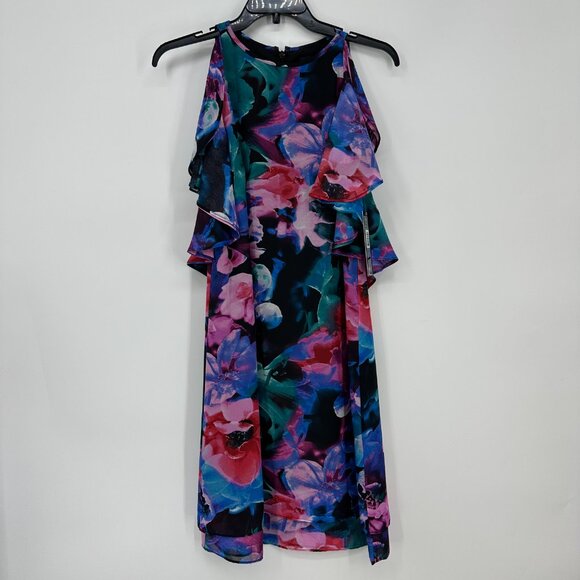 Tahari Abstract Floral Cocktail Dress 4 RuffleTrim Sleeveless Swing Black Pink - Picture 1 of 12